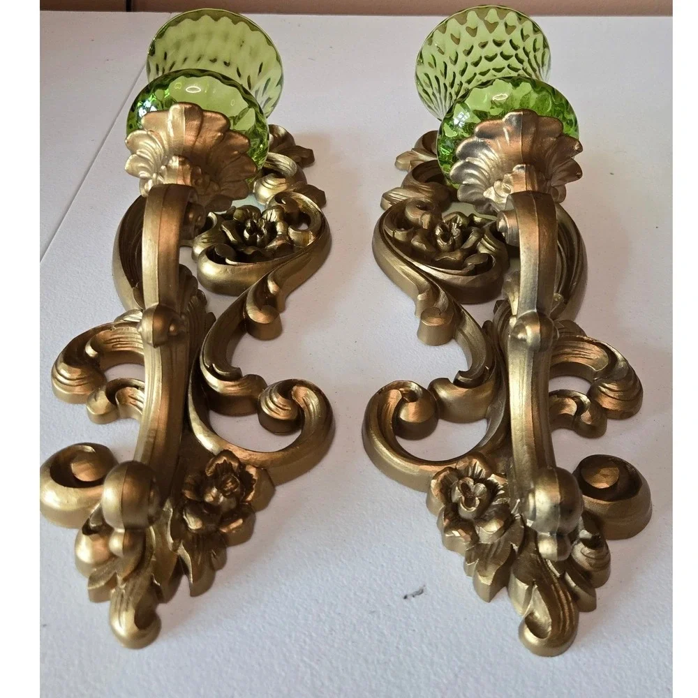 Vintage 1971 HOMCO 4119 Wall Sconces Pair Green Glass Gold Hollywood Regency